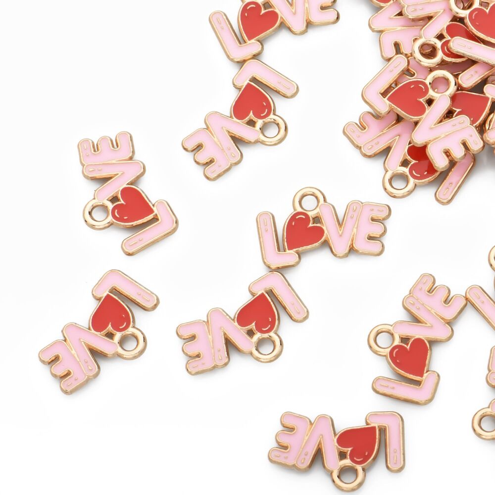 4190 Pack of 80 LOVE Colored Enamel Charms Gold Plated Bulk Pendants